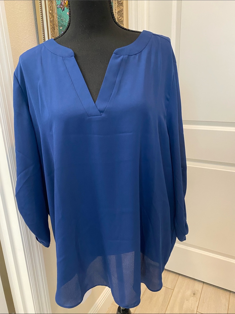 Chaus Royal Blue Split V-Neck Tunic Blouse